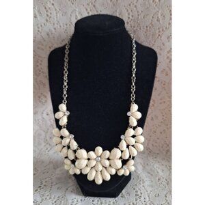 EUC Cream & Rhinestone Floral Statement Bib Necklace With Gold Tone Chain